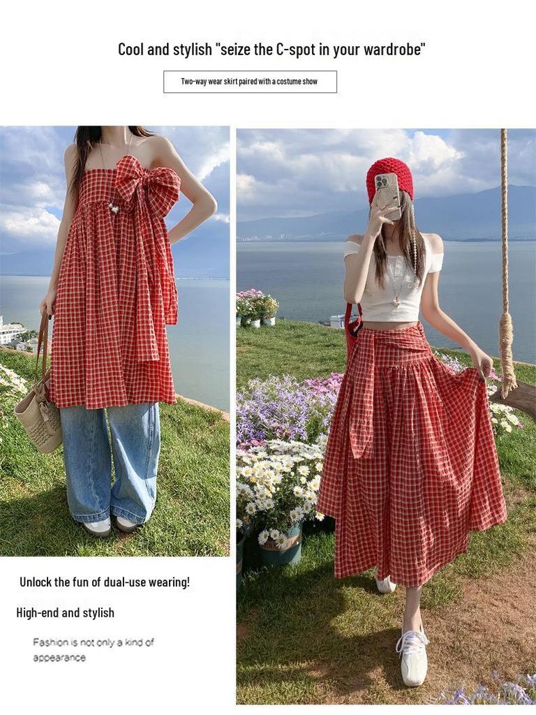 American Trendy Spicy Girl: Versatile Plaid Pleated Long Skirt + Strapless Plaid Umbrella Top