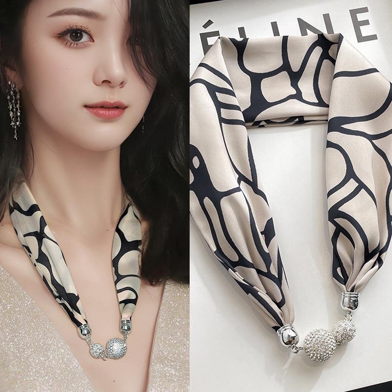 Women's Magnetic Buckle Silk Scarf - Fashionable Neck Protection for Spring, Summer, and Autumn