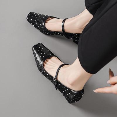 Mode Retro Nieten Ein-Schnallen Mary Jane Schuhe 2025 Sommer Neu Quadratische Zehenpartie Flacher Ausschnitt Niedriger Absatz Einzelne Schuhe für Damen
