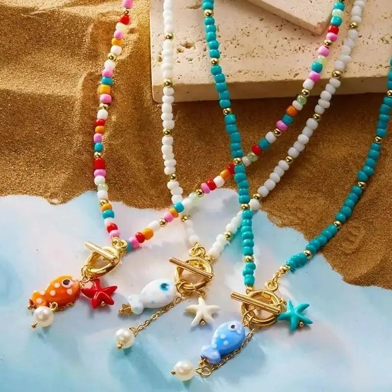 Charm Ocean OT Buckle Bohemia Starfish Pendant Necklace for Women Handmade Rice Beads Ceramic Fish Choker Girls Party