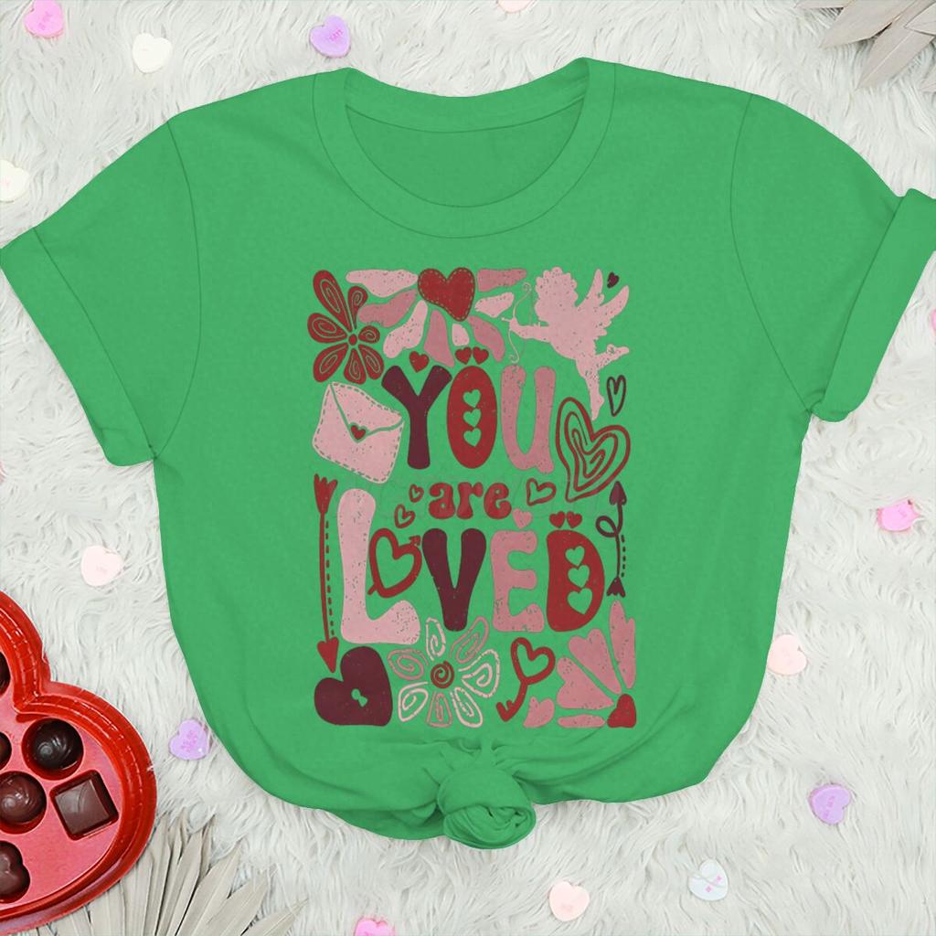 You Are Loved Graphic T Shirts Women Boho Valentine Floral Design Womens Clothing Valentines Day Heart Coquette Retro Tee Top