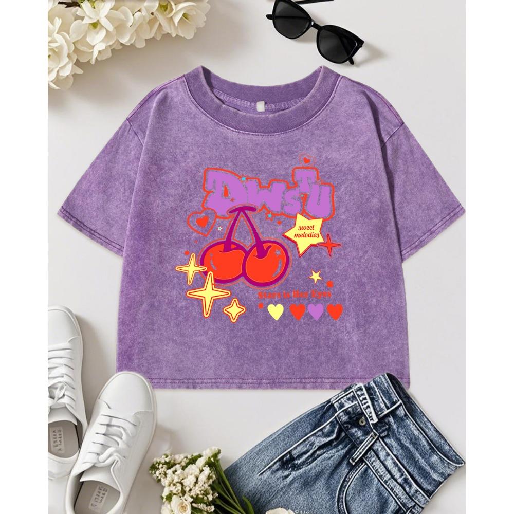 Dwstu Sweet Cherry Fruit Star Love Print Gewaschenes T-Shirt Damen Baumwolle Bequeme T-Shirts Streetwear Y2K Top