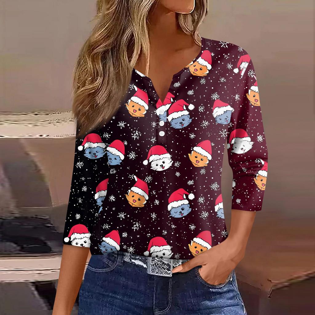 Women's T Shirt Tee Christmas Printed Button 3/4 Sleeve Tunic Daily Weekend Fashion Basic V- Neck Regular Top