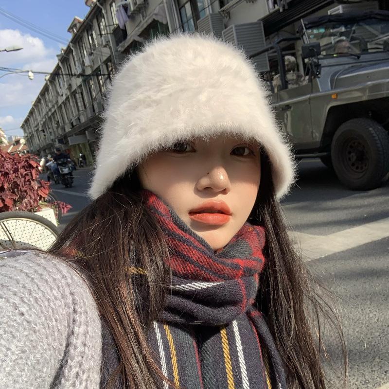 Japanese Retro Versatile Face Covering Furry Rabbit Hair Bucket Hat Women Korean Style Autumn and Winter Basin Hat Fisherman Hat