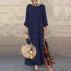 Women Retro Round Neck Dress Button Stitching Three-quarter Sleeve Dress