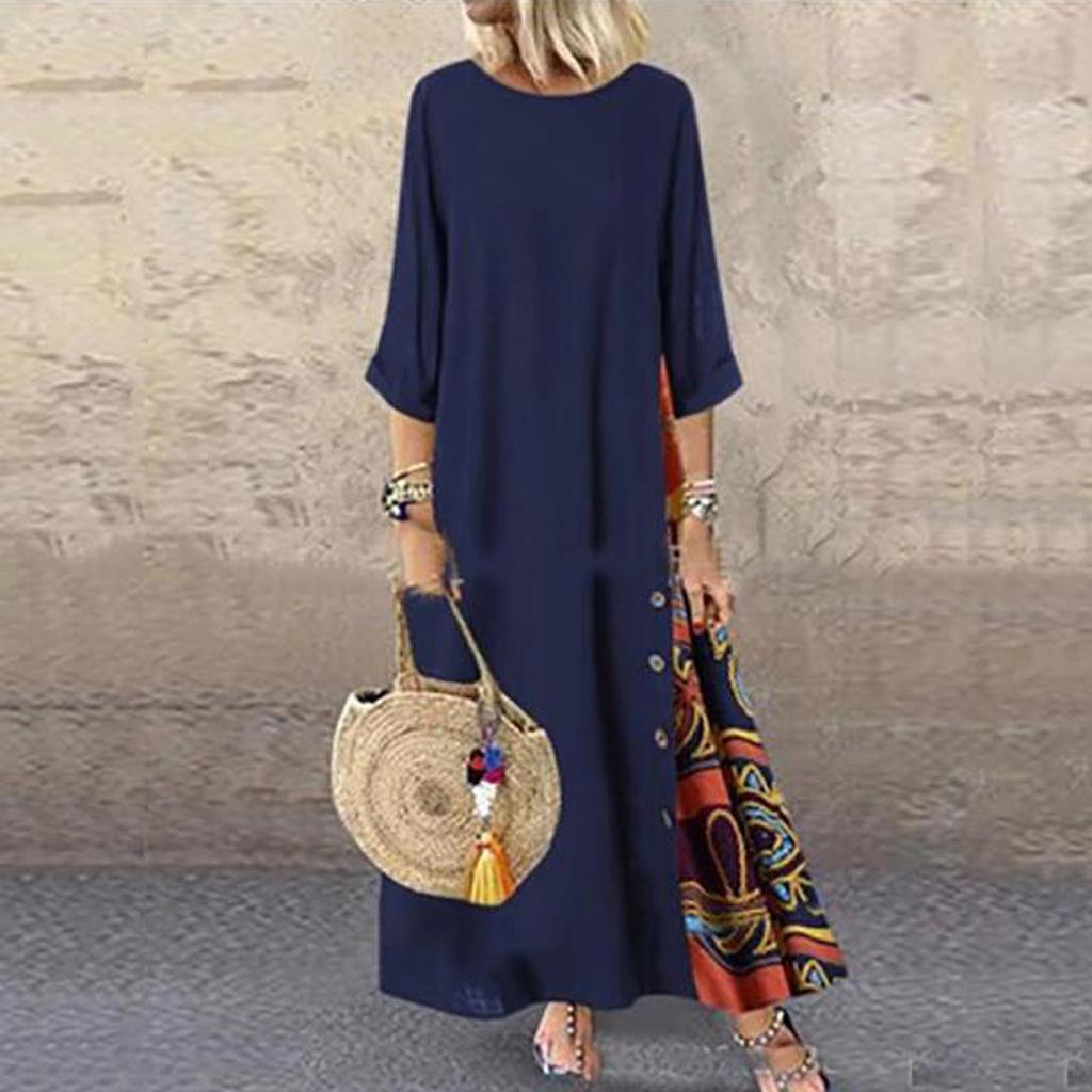 Women Retro Round Neck Dress Button Stitching Three-quarter Sleeve Dress