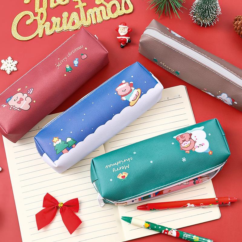 1 Piece Cute Cartoon Christmas Pencil Case Bag Key Chain Pu Large Capacity Coin Wallet Case Pouch Bag School Supplies Gift