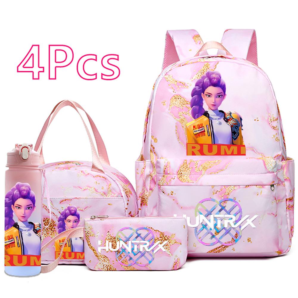 Set 4 buc/set Rucsac cu Imprimeu Vânătorii de Demoni, Geantă de Mână, Toc de Creioane, Sticlă de Apă 750ml pentru Adolescent Băiat Fată Rucsac Școlar Impermeabil cu Capacitate Mare