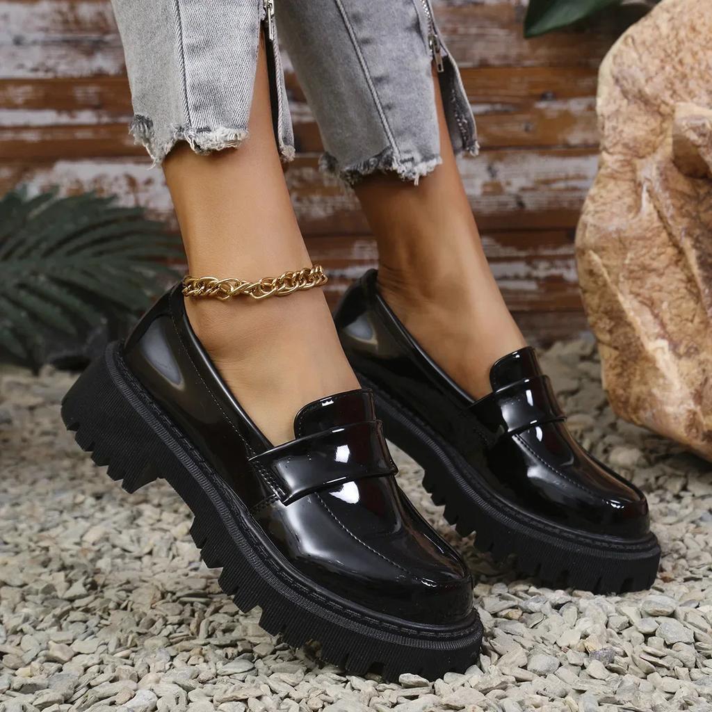 Fashion Womens Leather Shoes British Style Soft Sole Loafers Women Thick Soles Comfortable Slip On Single Shoes Zapatos De Mujer Female