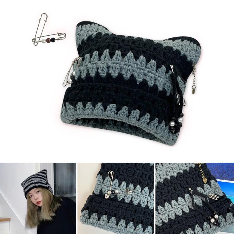 Y2K Devil Striped Knitted Hat Knitted Stripe Pattern Hat for Women Men Keep Ear Warm Hat with Paper Clip Decor
