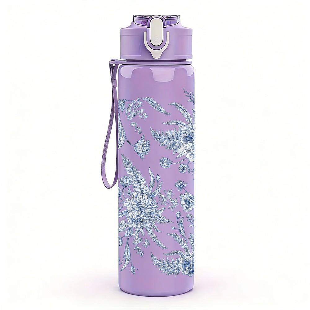 1PC Frosty Blue Winter Pine Floral Print 750ml Color Plastic Sports Water Bottle Leakproof Flip Straw Lid Suitable for Sports Office Home Use
