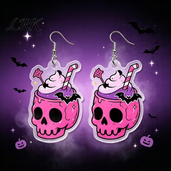 Dark Style Halloween Accessories 1 Pair 2D Acrylic Earrings for Women, Spooky Pumpkin Skull Graphic Black Cat Dangle Drop Earrings, Holiday