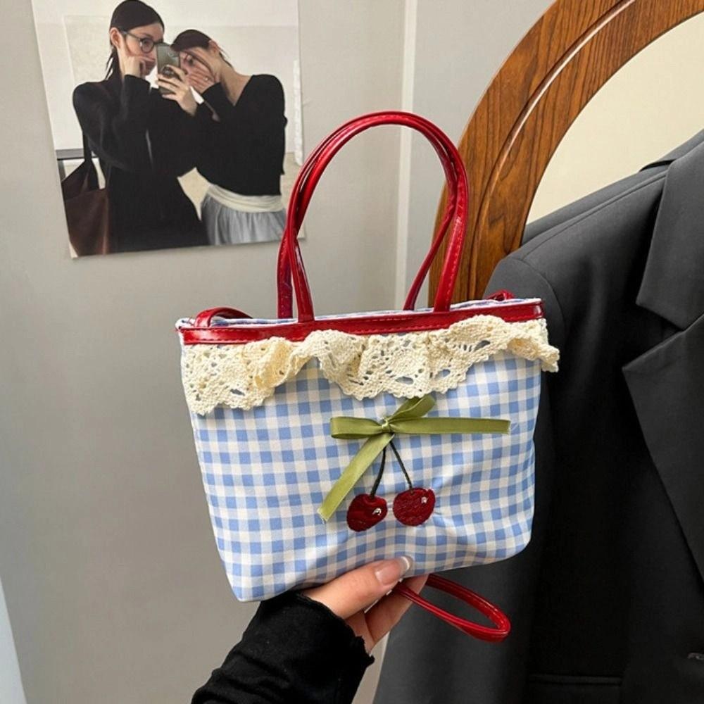 Lovely Lace Plaid Handbag Polka Dot Sweet Crossbody Bag Retro Lattice Cherry Handbag  Travel