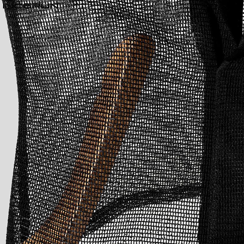 INCERUN Men Deep V Neck Sleeveless Stitching Mesh Sheer See Through Party Tank Tops