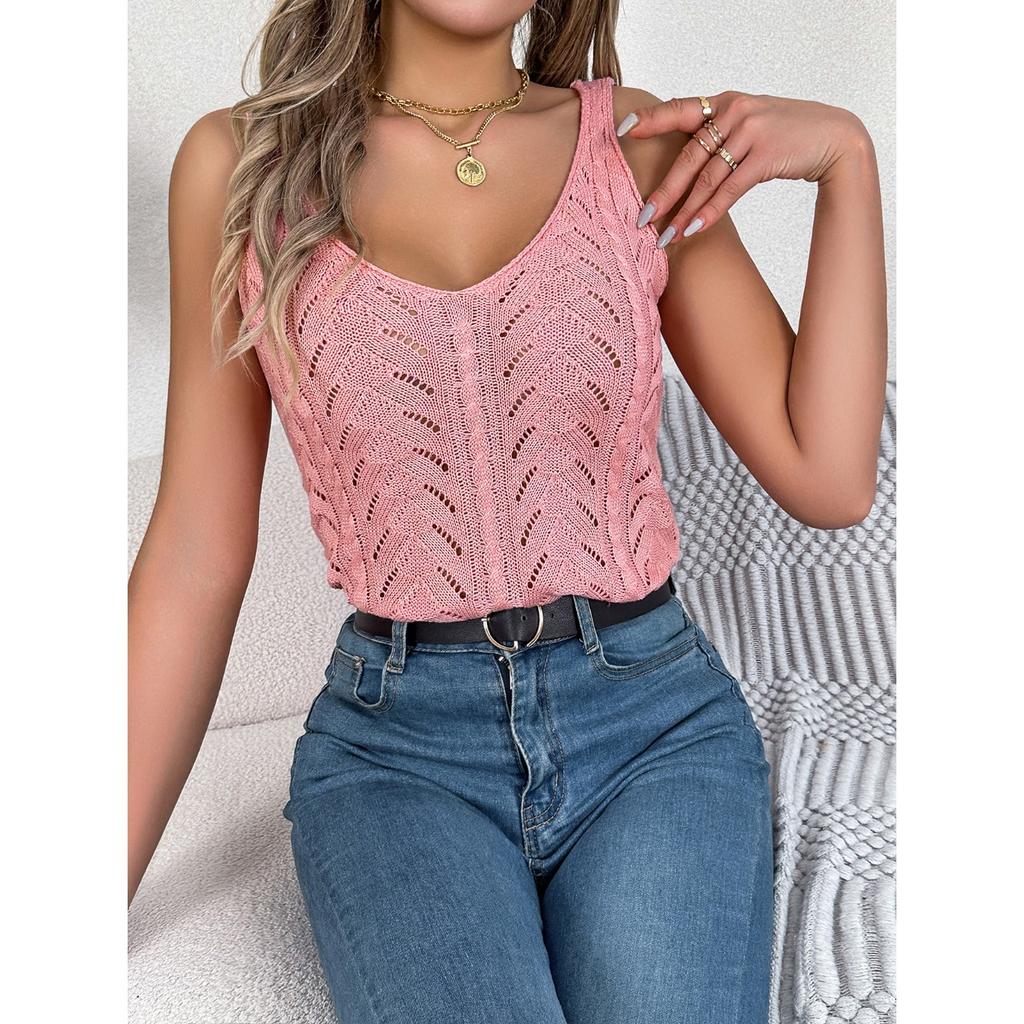 HNXC Spring Summer Solid-color V-neck Cut-out Sleeveless Knitted Sweater Vacation Vest Women's Wear