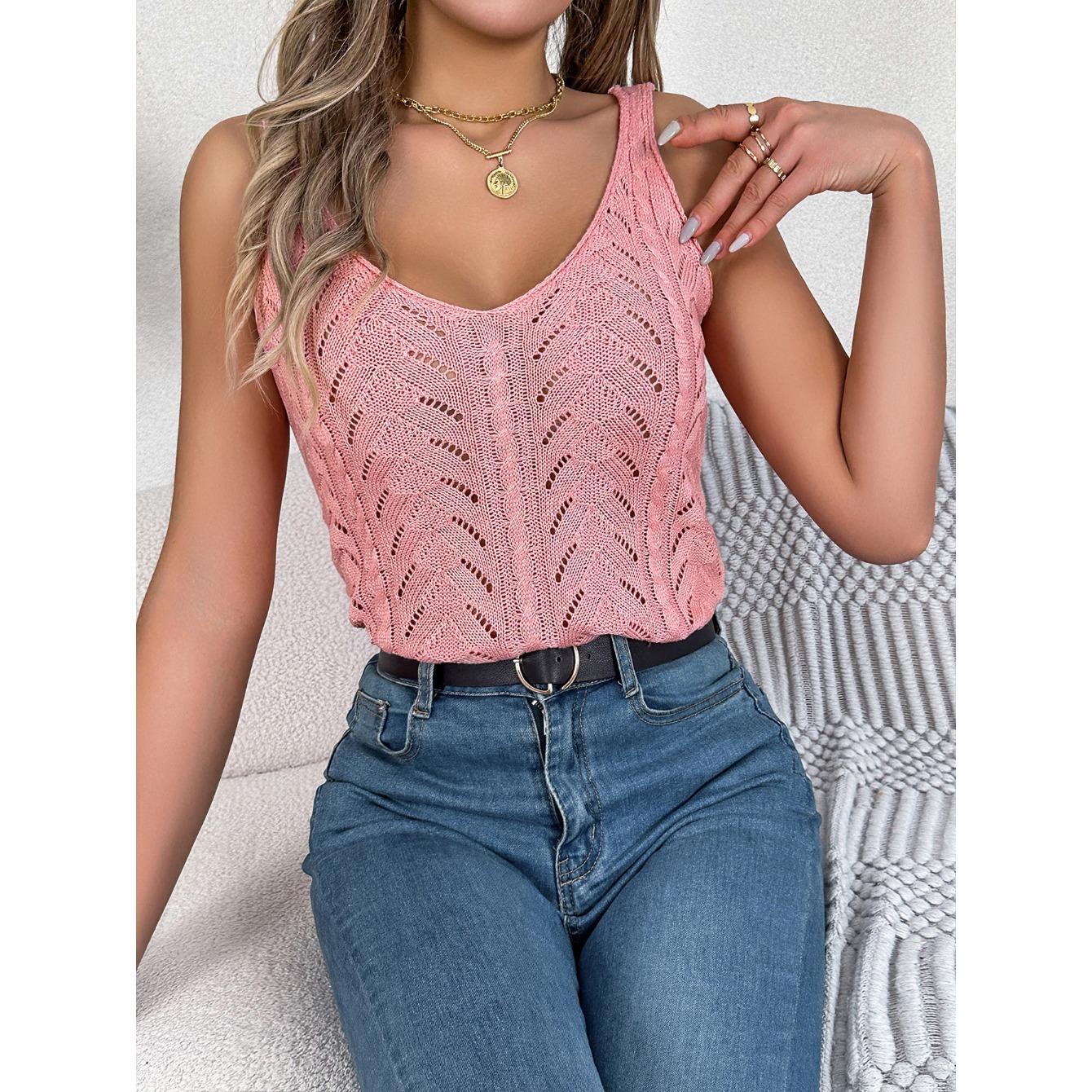 

HNXC Spring Summer Solid-color V-neck Cut-out Sleeveless Knitted Sweater Vacation Vest Women s Wear S
