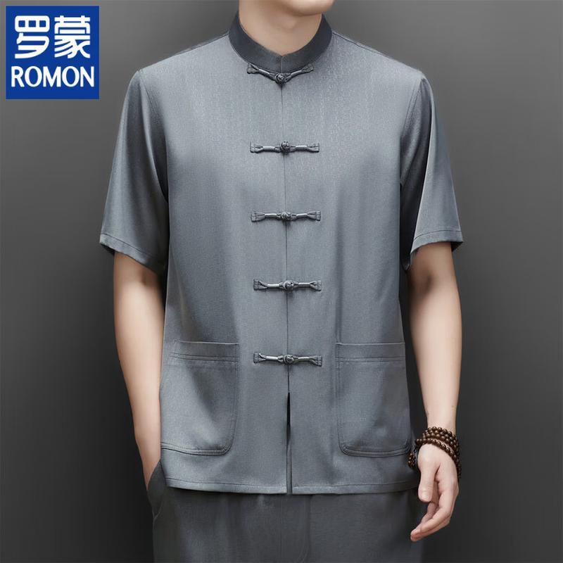 

ROMON Men s New Chinese Style Tang Suit Short-Sleeved Shirt Set 43/4XL