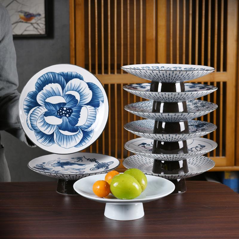 Chinese Blue & White Large Ceramic Fruit & Snack Plate for Tea & Desserts