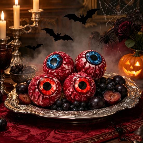 Spooky Scene Setter Props Halloween Hanging Eyeballs Decoration, 4 Pcs Scary Realistic Fake Blood Eyes in Gory Table Decorations Net Bag for