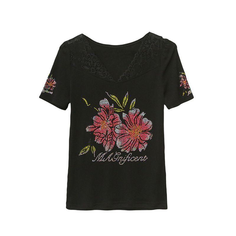 New Korean Sexy Lace V-Neck Designer T-Shirt Luxury Flowers Hot Diamonds Women's Tops Clothes Elegant Short Sleeve Casual Tees