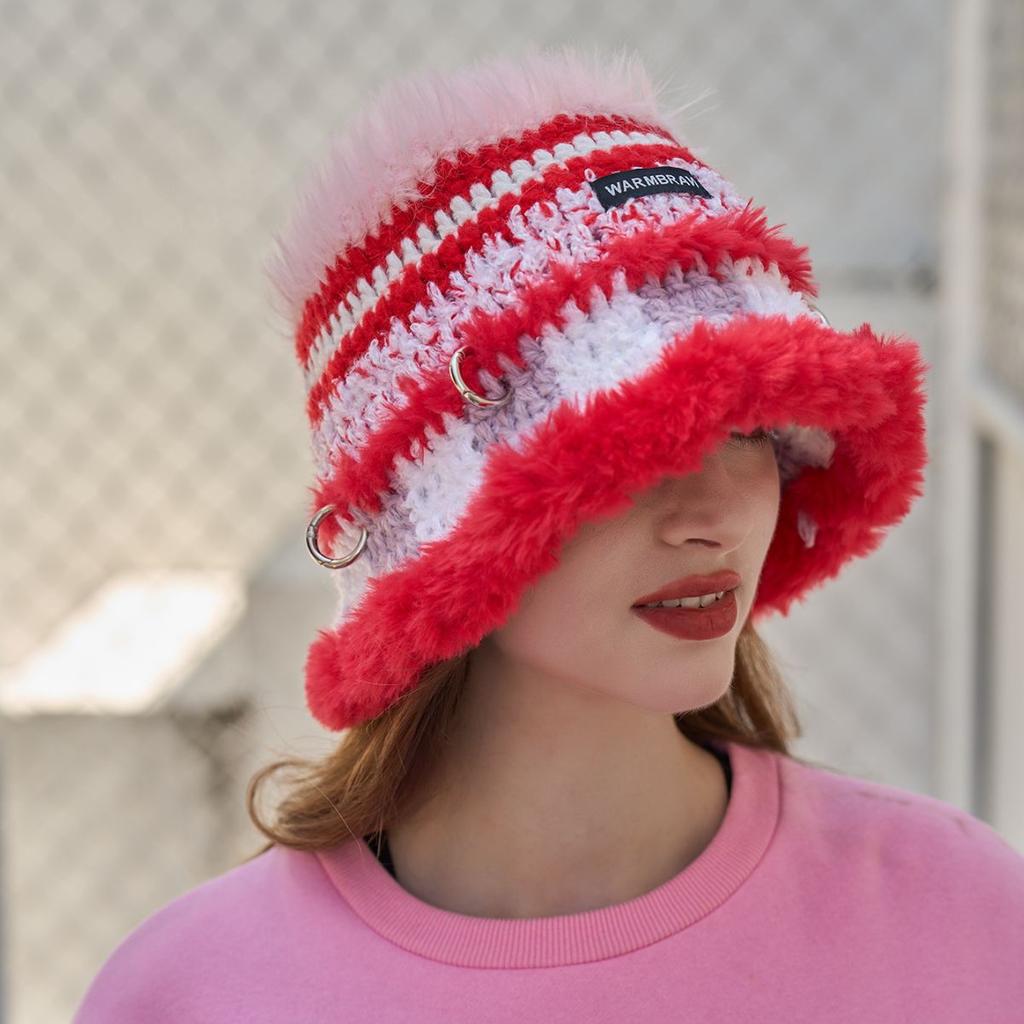 Handmade crochet wool hat women's color tassel with ear protectors hollow sleeve knitted cold hat