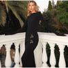 Sexy Langarm O-Ausschnitt Einfarbig Plissiert Langes Kleid Für Frauen Slim Fit Hohe Taille Elegante Herbst Abendkleid Neue