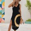 Women Plus Size U Neck Sleeveless Printed Midi Dress Abstract Gold Black High Side Slit