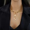 Gold Plated Double Layer Lariat Necklace with Disc and Clear Stone Charms Fashion Jewelry for Women