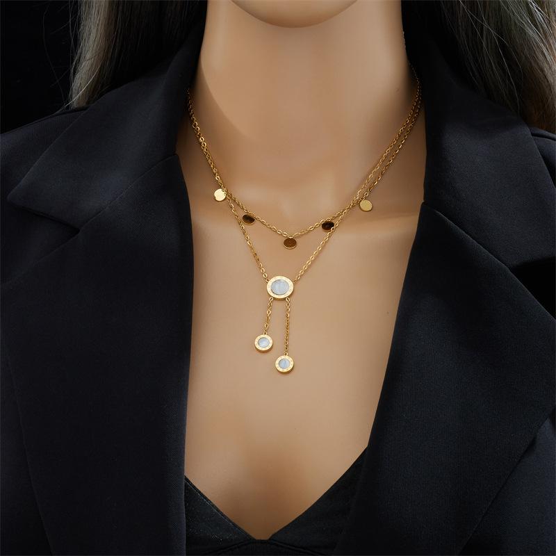 Gold Plated Double Layer Lariat Necklace with Disc and Clear Stone Charms Fashion Jewelry for Women