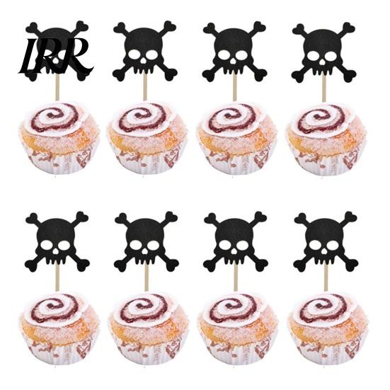 Glitter Black Cake Topper 8 Pcs Halloween Cupcake Picks, Spooky Skull Party Accessory Toppers, Gothic Birthday Decoration for Supplies