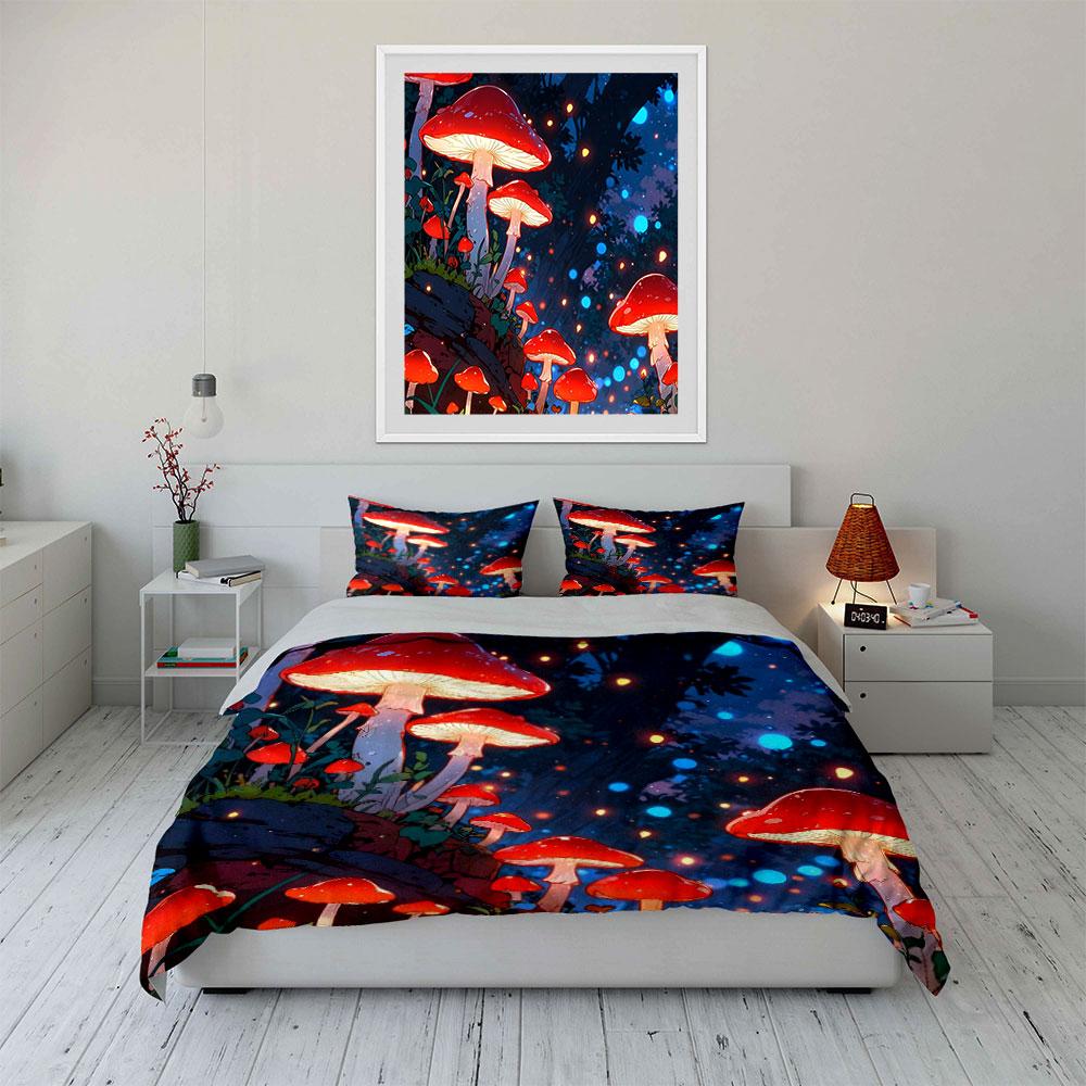 Fairy Forest Mushroom Art Decor Soft Skin-Friendly Bedding Set Includes 1 Duvet Cover And 2 Pillowcase Gift