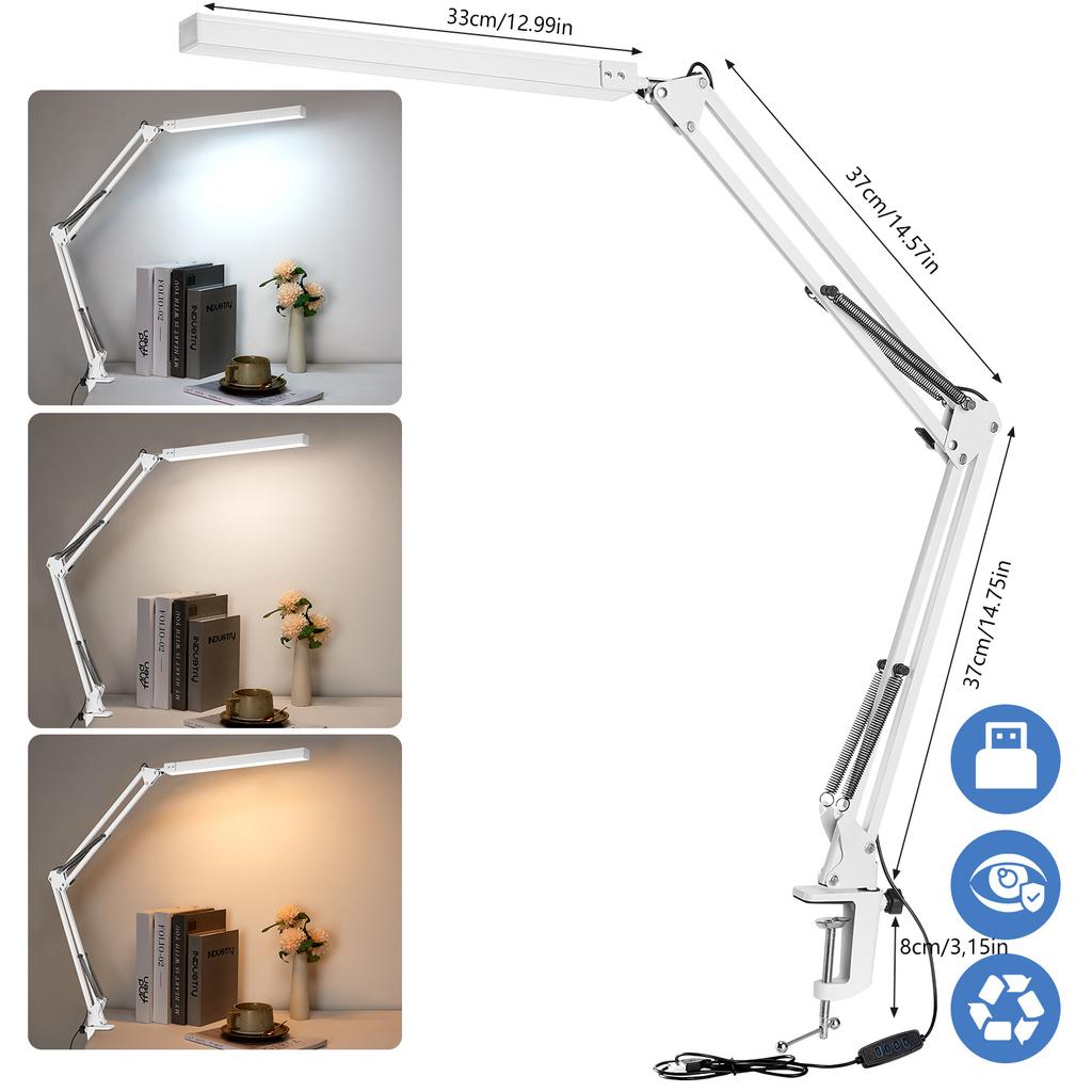 33CM LED Desk Lamp Adjustable Foldable Double Swing Arm Light Eye-Caring For Dormitory Study Office Architect Task Lamp Dimmable