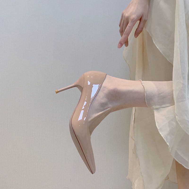 Patent Leather Pointed Toe Nude High Heels Femininity Socialite Year New Professional Black Thin Heels Not Tired Feet Shoes