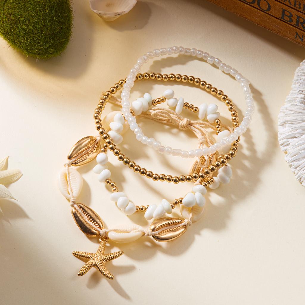 4Pcs Boho Shell Starfish Anklets Set for Women Rice Beads Conch Turtle Fishtail Foot Chain Beach Party Sandals Barefoot Jewelry