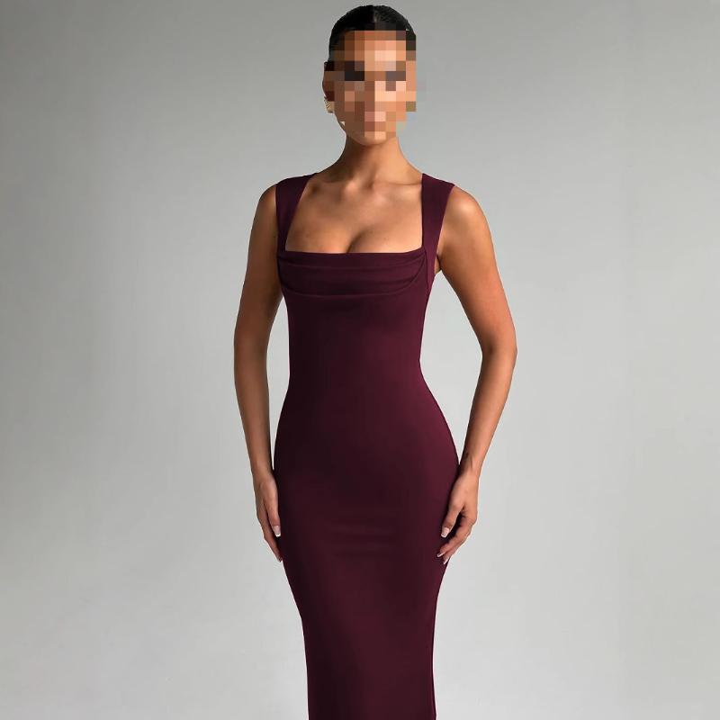 Evropské a americké jarní a letní šaty s čtvercovým výstřihem, bez rukávů, pouliční, jednobarevné, slim fit pro ženy