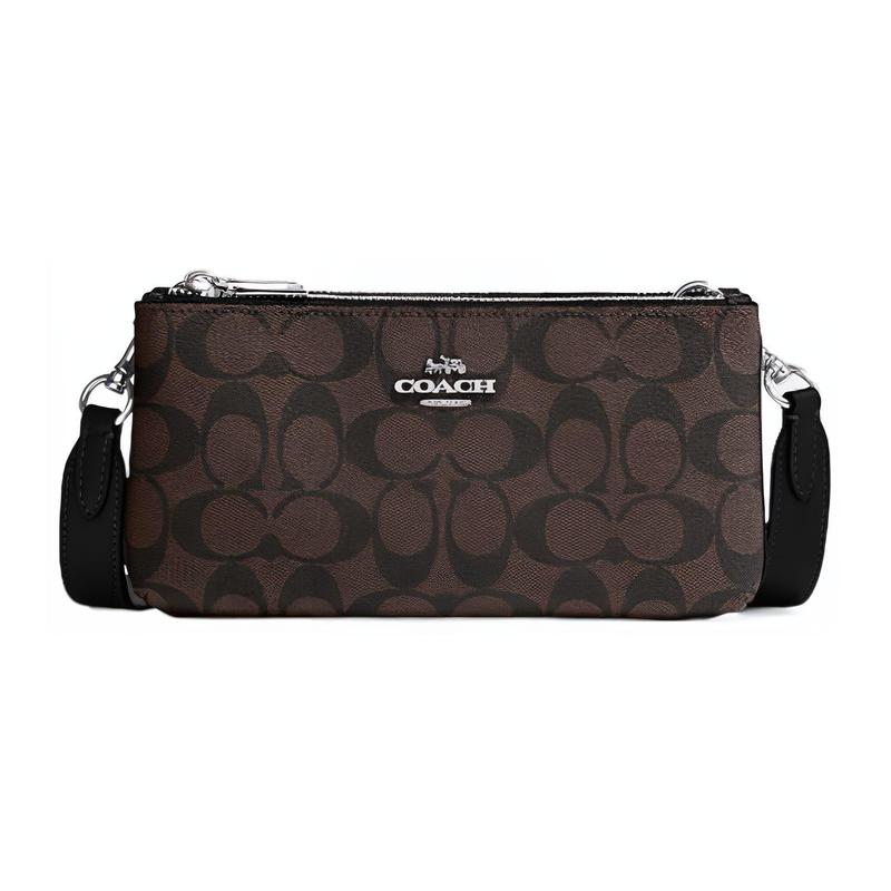

COACH 22 Classic old flower silver logo logo zipper closure, artificial leather, crossbody bag, small size, women s black brown чорний