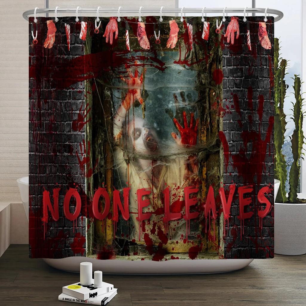 Halloween Shower Curtain Horror Night Bloody Hands Spooky Zombie Skull Scary Halloween Waterproof Bath Bathroom Shower Curtain