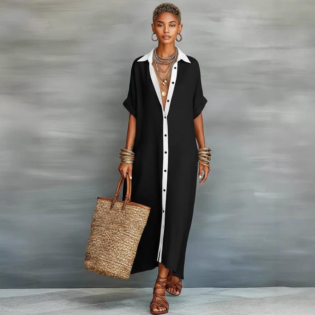 Spring Turn-down Collar Button Shirt Dress Woman Casual Patchwork Loose Long Dress Summer Short Sleeve Beach Vacation Dress