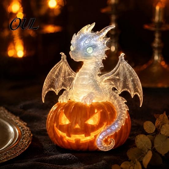 Gruselige Halloween Tischdekorationen Kürbis Drachen Statue, LED Leuchtende Harzfigur Party Mittelstücke mit Warmem Licht, Fantasy Schreibtisch Dekoration