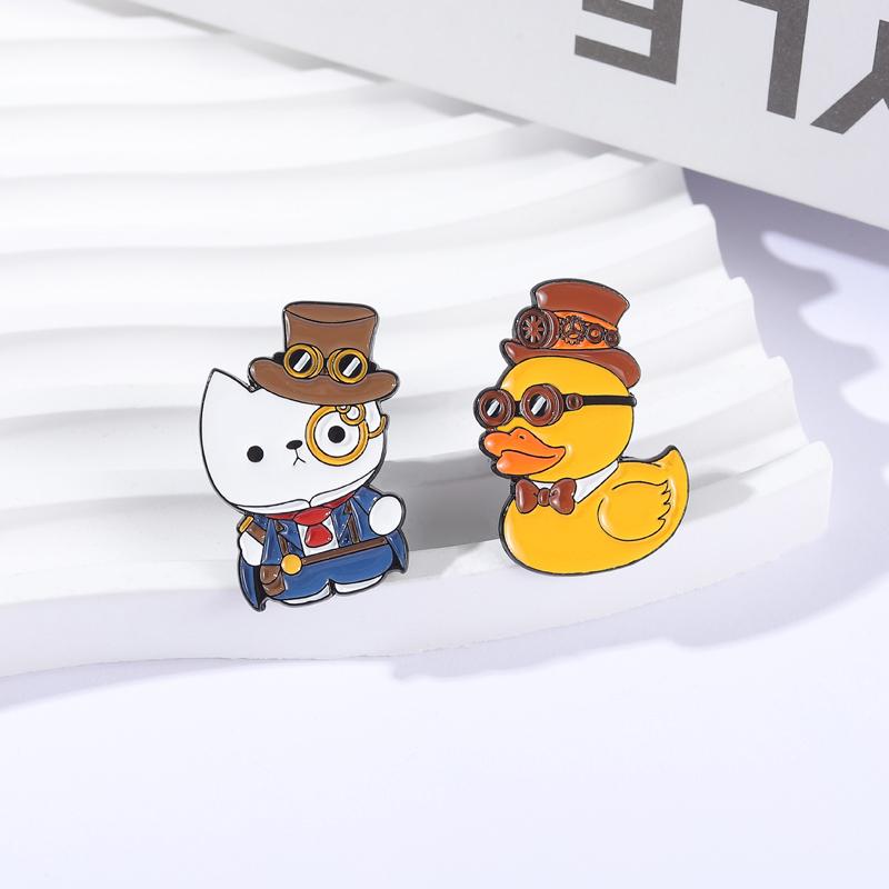 Cartoon Detective Yellow Duck Enamel Pins Funny White Cat Solving Mystery Animal Brooches Lapel Badge Jewelry Gifts for Friends