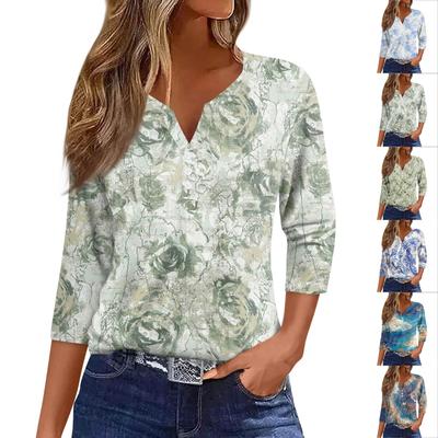 Damen T-Shirt mit Aufdruck, Knopfleiste, 3/4-Ärmel, für den Alltag, Wochenendmode, Basic, V-Ausschnitt, normales Oberteil