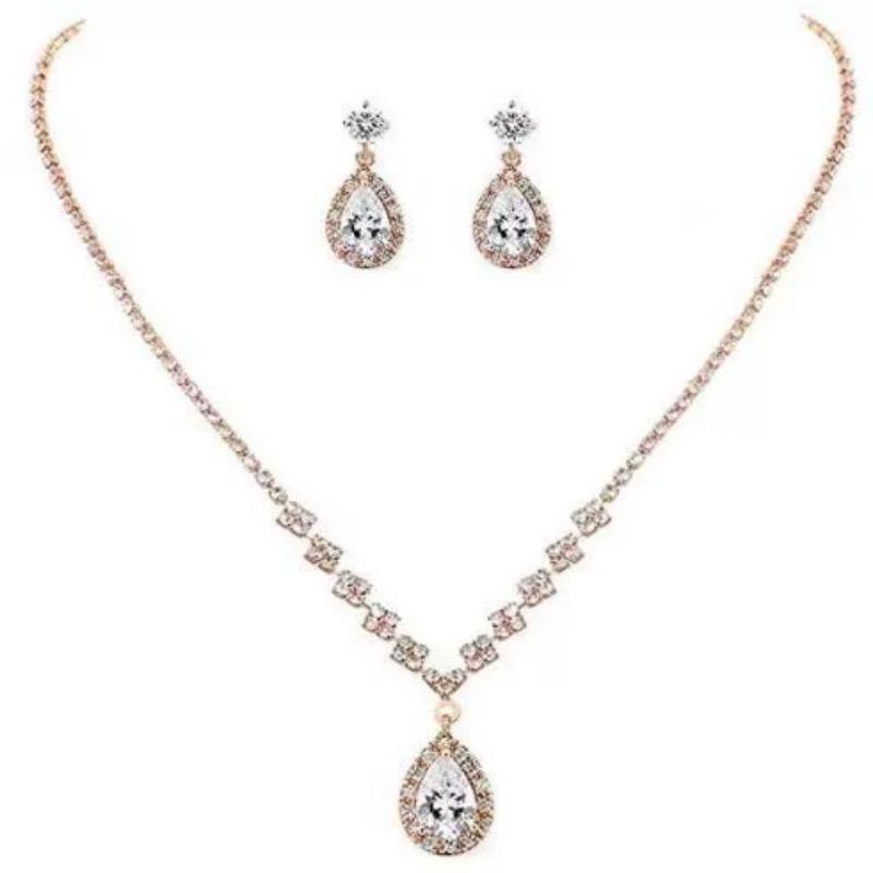 

Silver Pink Teardrop Zircon Jewelry Set Necklace Drop Earrings For Women Wedding Gift 1set рожевий колір золота