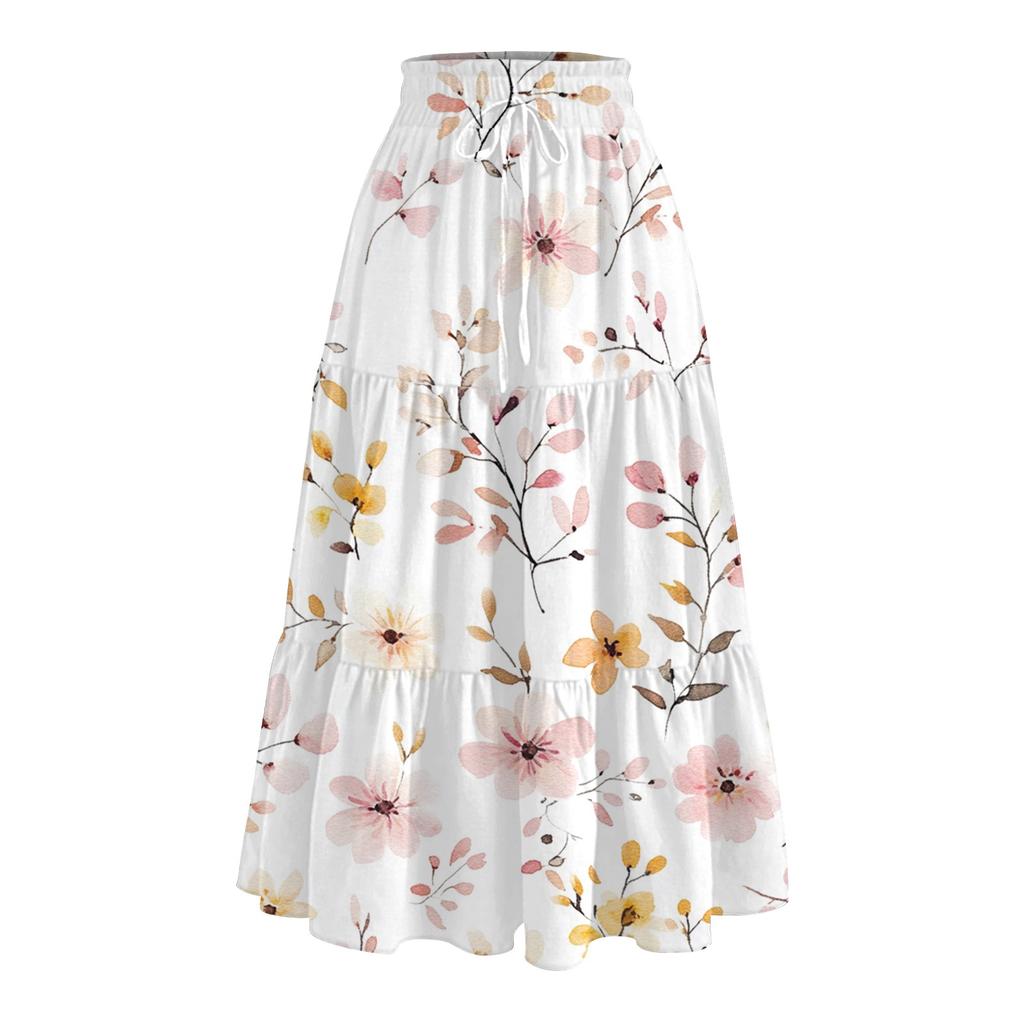 Damen Maxiröcke, fließend, ausgestellt, mit Rüschensaum, A-Linie, elastische Taille, elegant, gestuft, Boho, lange Röcke