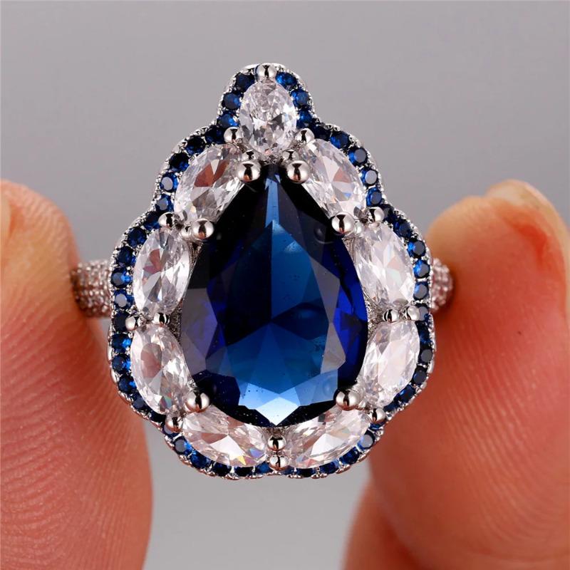 Inel de Lux cu Cristal Albastru Zircon în Formă de Picătură Mare de Apă, pentru Femei, Inel Deschis Ajustabil, Bijuterii Cadou pentru Nuntă, Petrecere, Logodnă