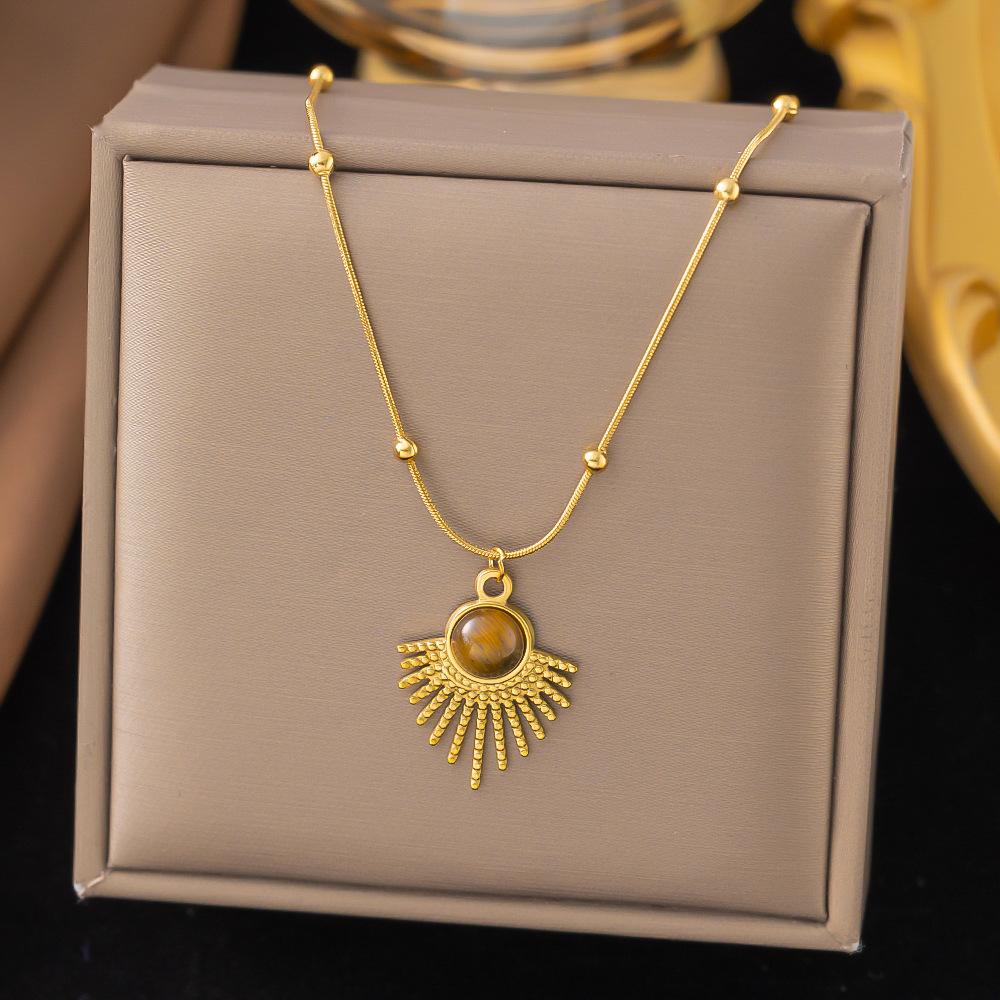 Natural Stone Titanium Steel Pendant Necklace Rhinestone Flower Oval Gold Color Charm Sweater Chain  for Women