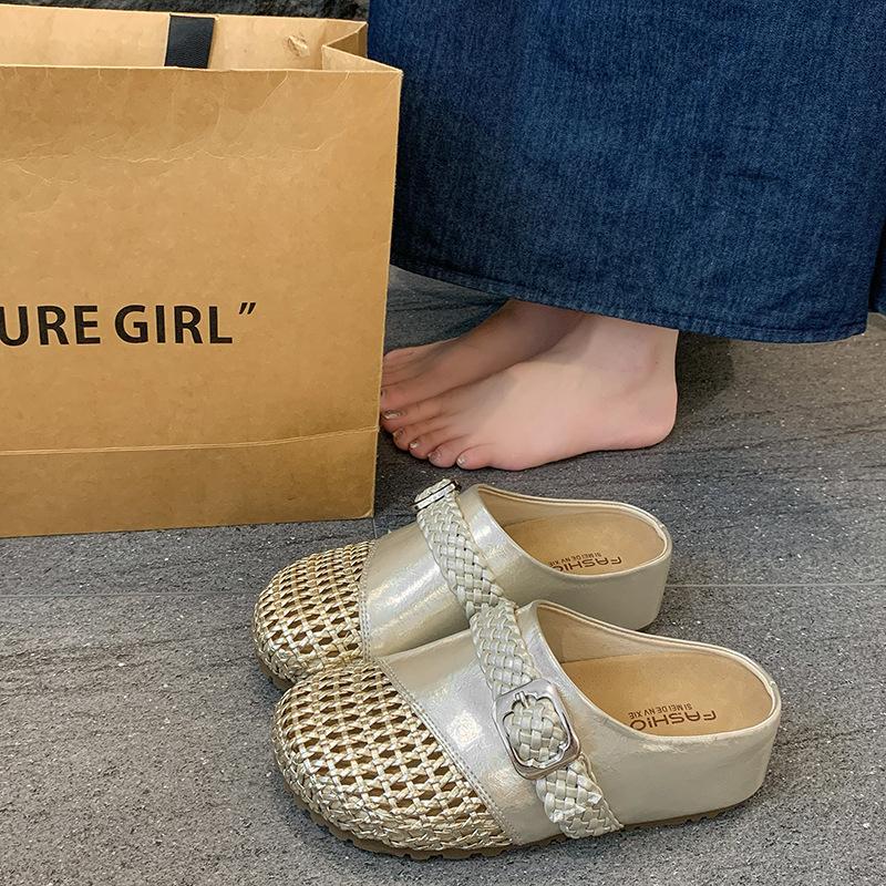Inner height increase hollow woven bag head half slippers women's summer outer wear 2025 new one-pedal lazy Muller cool slippers