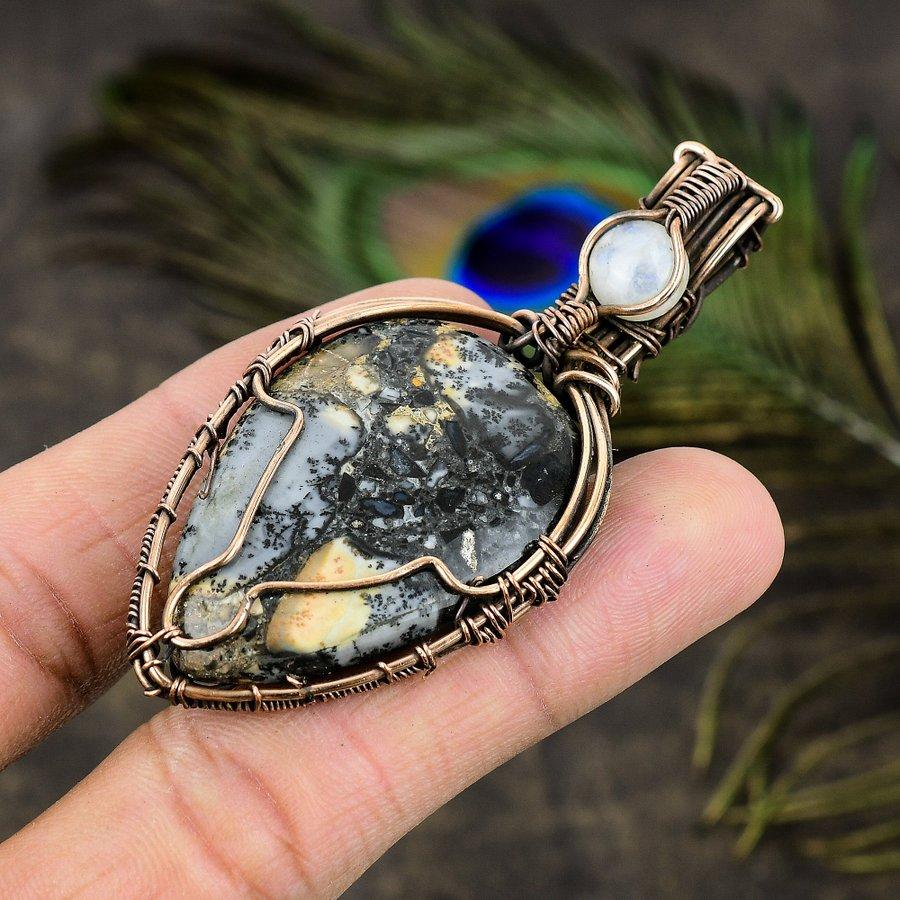 Natural Malinga Jasper, Moonstone Gemstone Copper Wire Wrap Pendant 2.84" m5U54