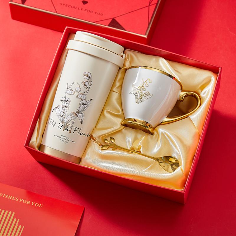 316 Stain Steel Thermos Cups 500ml Coffee Mug with Spoon Set of 3, Floral Ceramic Mug Gift Box for Birthday Wedding Christmas Valentine's Day
