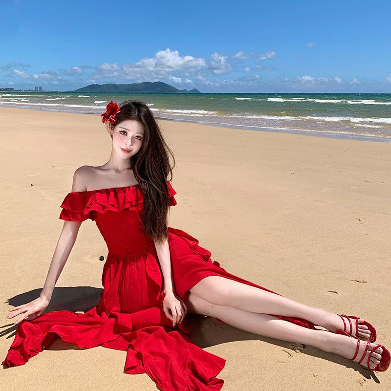 Seaside Vacation Wind Red Shoulder Dress Big Northwest Travel Desert Ruffle Irregular Long Dress