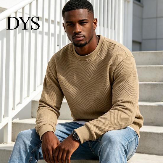 Mens Casual Crewneck Sweatshirt Men Sweatshirt, Soild Color Geometric Texture Ribbed Cuff Hem Loose Fit Pullover Shirt for Office Street Daily